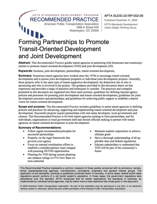 Forming Partnerships to Promote Transit-Oriented Development and Joint Development
